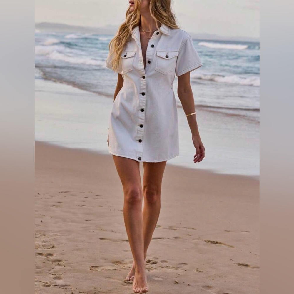 Button-Front White Denim Shirt Dress Sz M/L